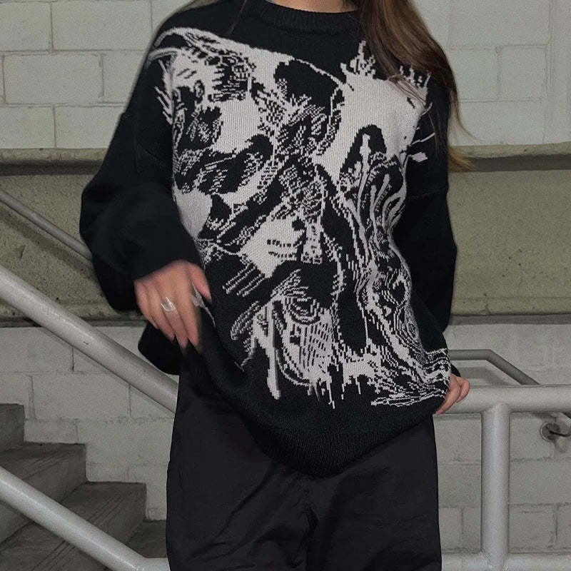 A person in the Premium Geto Suguru-Inspired Knit Sweater by Jujutsu Kaisen, featuring a black and white jacquard design, along with black pants, stands on a staircase against a brick wall and metal handrails, evoking the eerie presence of a lurking cursed spirit.