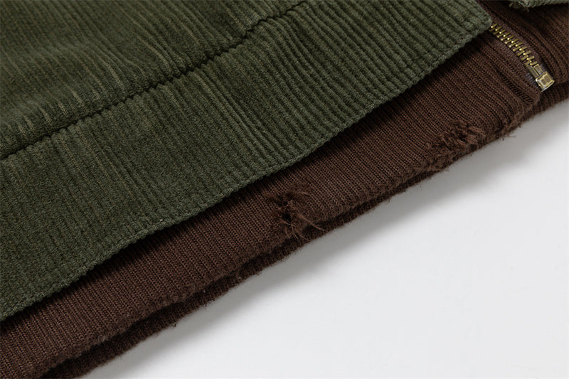 Men's Army Green Corduroy Jacket with Metal Buttons & Layered Hem Detail