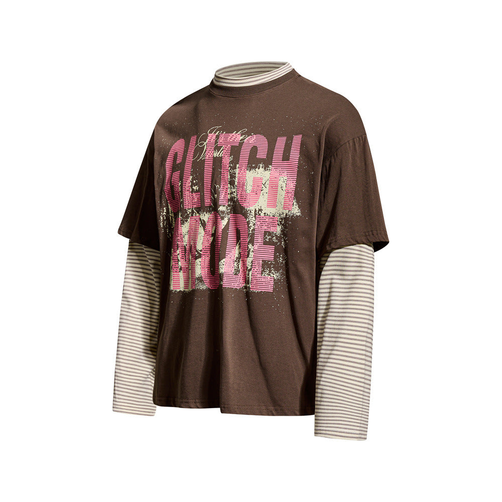 Glitch Mode Faux Two-Piece Long Sleeve Graphic Tee – Striped Layer Oversized Fit