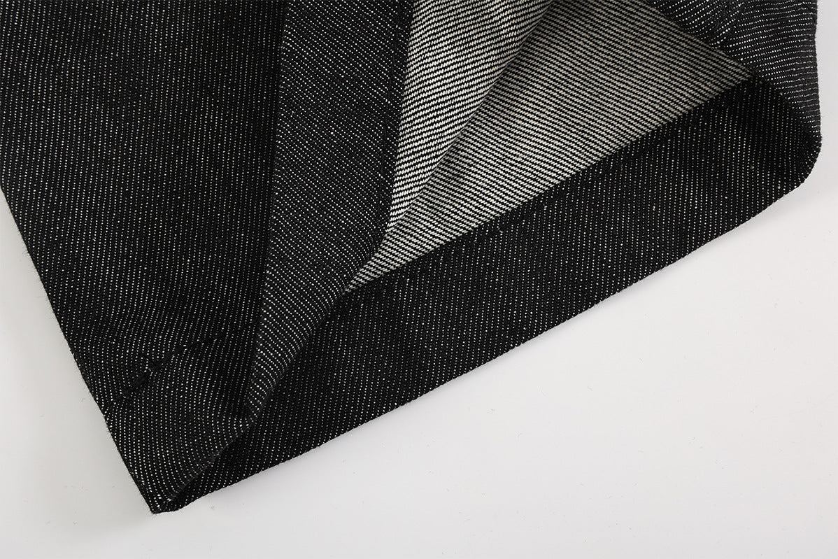 Wide Leg Jeans with Star Embroidery & Diagonal Waistband — Black Raw Denim