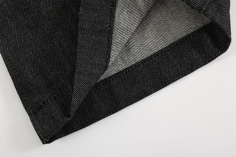 Wide Leg Jeans with Star Embroidery & Diagonal Waistband — Black Raw Denim