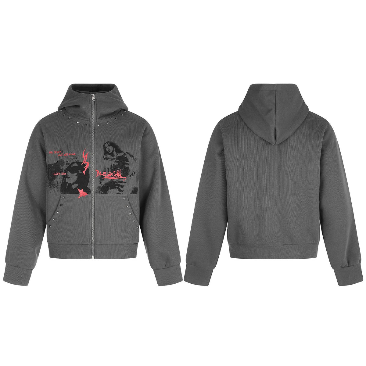 Graphic Zip-Up Hoodie – Dark Grey Studded Streetwear Cardigan with Anime Print