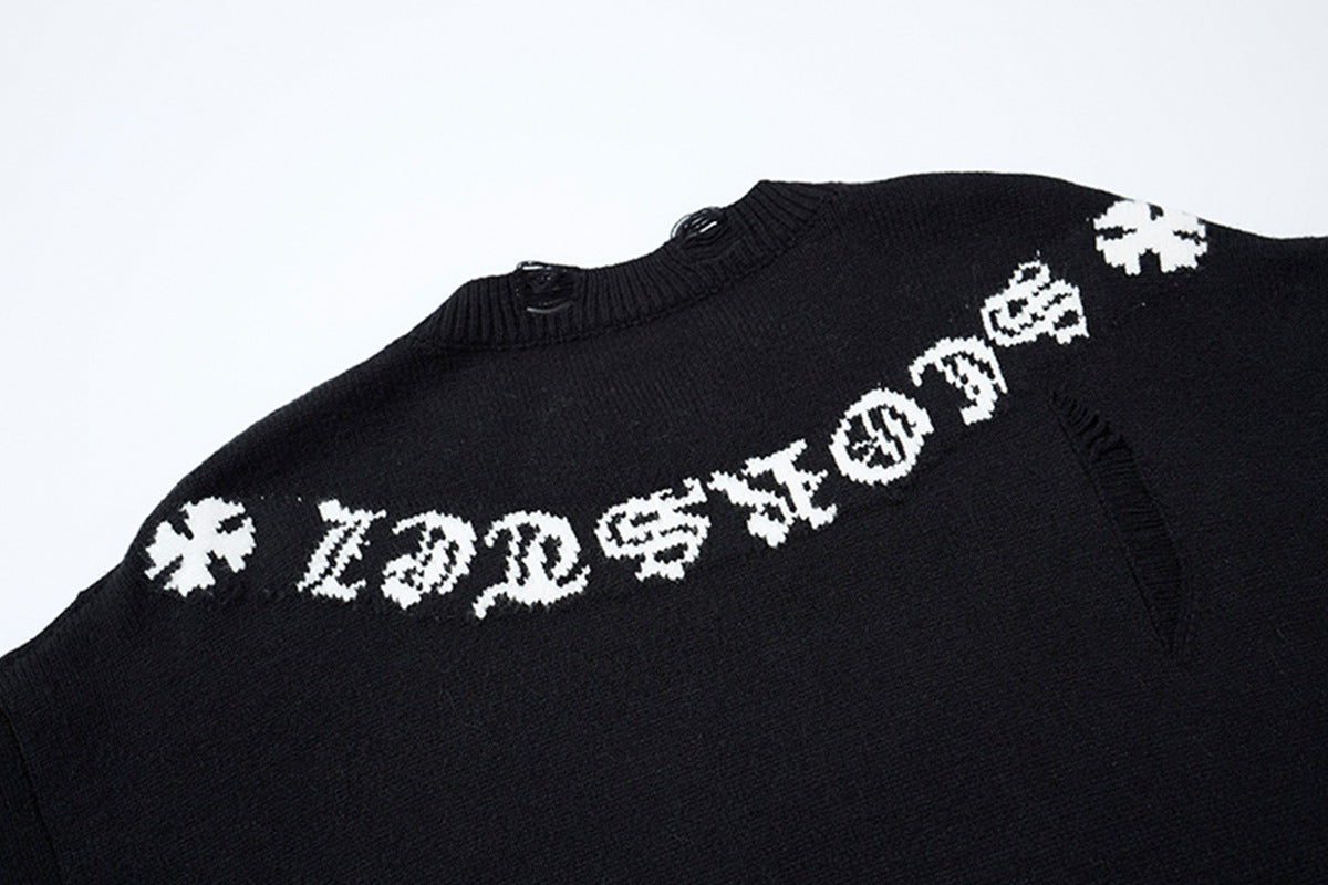 Crew Neck Knit Sweater Gothic Cross Distressed Hem Streetwear