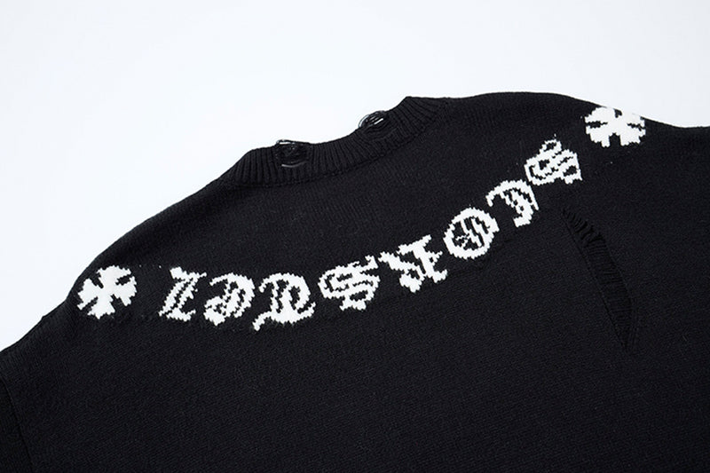 Crew Neck Knit Sweater Gothic Cross Distressed Hem Streetwear