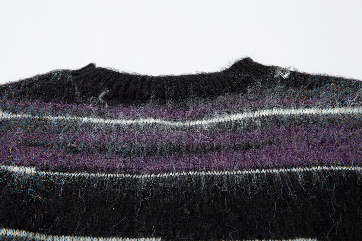 Striped Fuzzy Knit Crew Neck Sweater – Relaxed Fit Mohair-Style Pullover