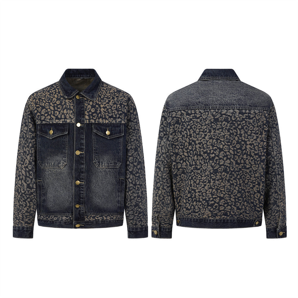 Veste en jean jacquard léopard – Trucker homme délavé à coupe décontractée
