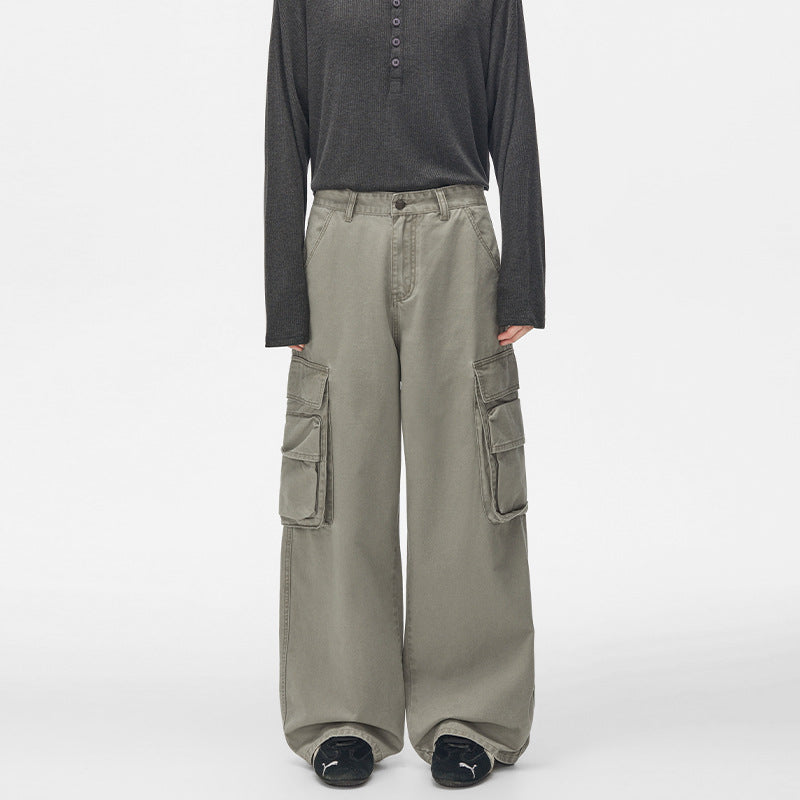Pantalon cargo homme à jambes larges – Pantalon droit délavé à poches multiples