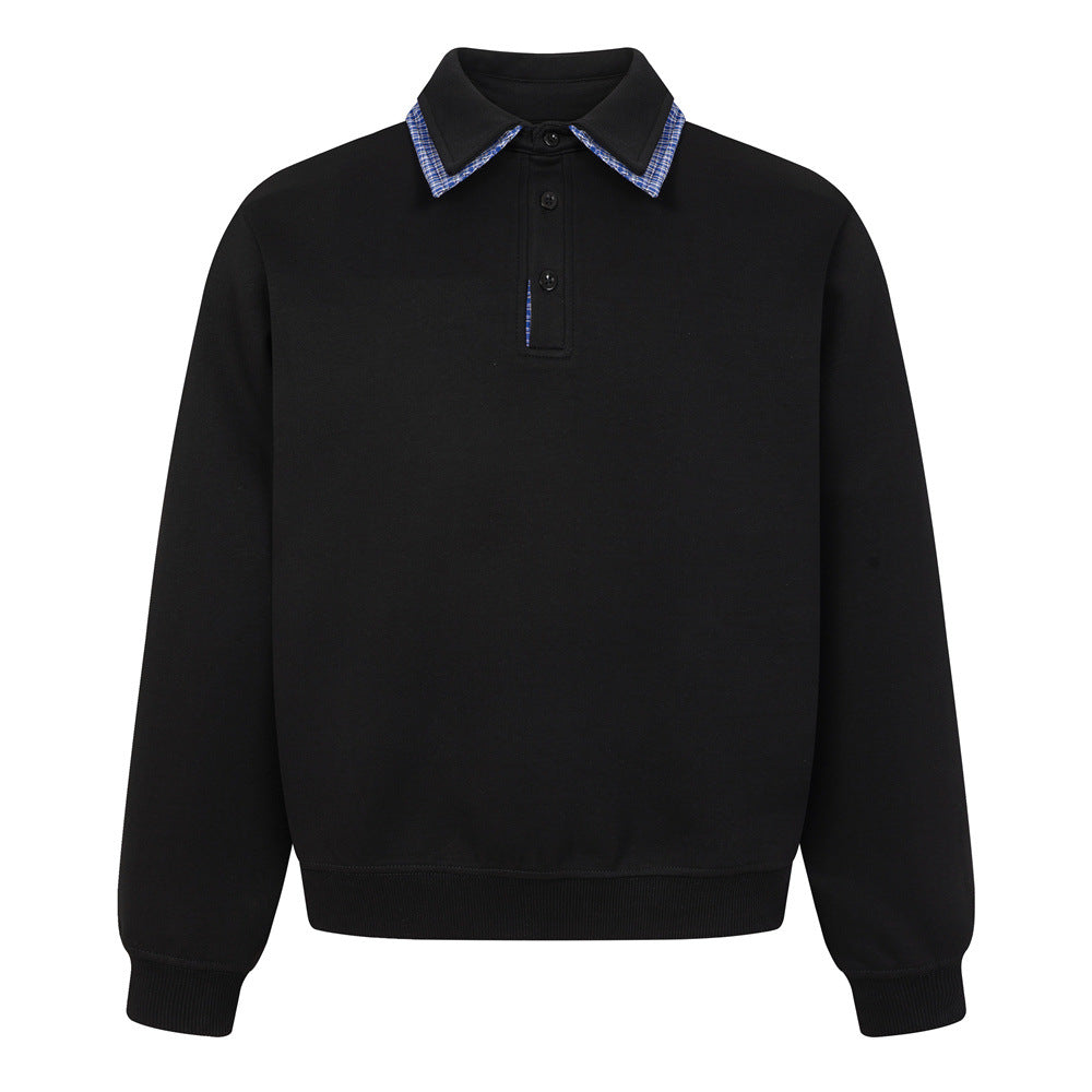 Sweat-shirt homme à col polo et bordure à carreaux | Coupe décontractée, manches longues