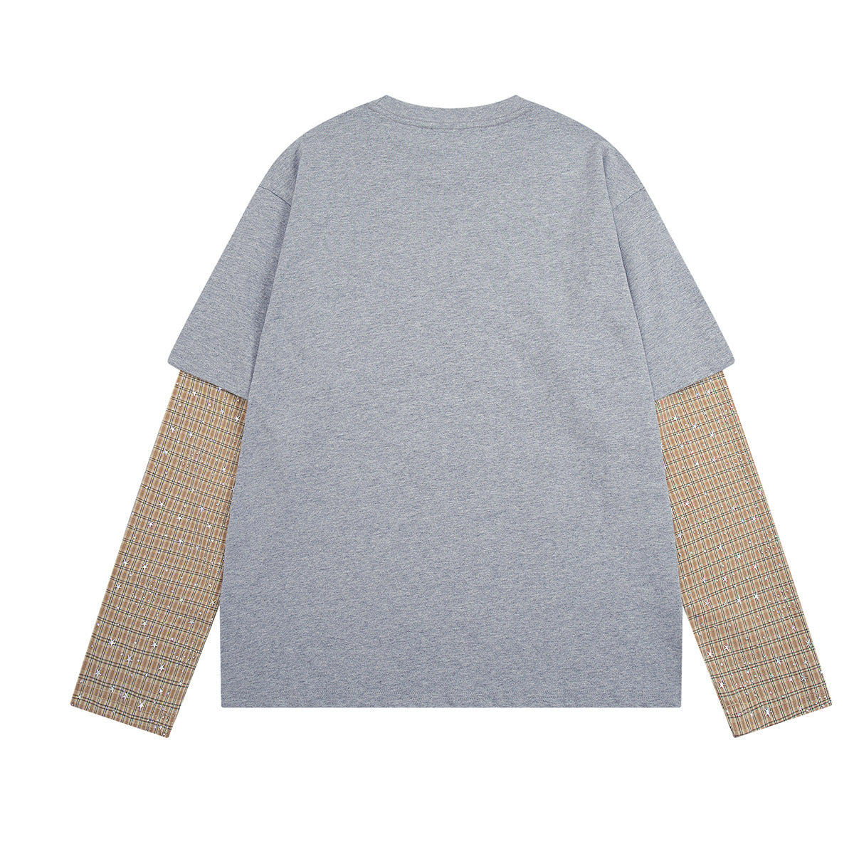 Langarmshirt mit Sternen-Applikation, Faux-Layering und karierten Kontrastärmeln