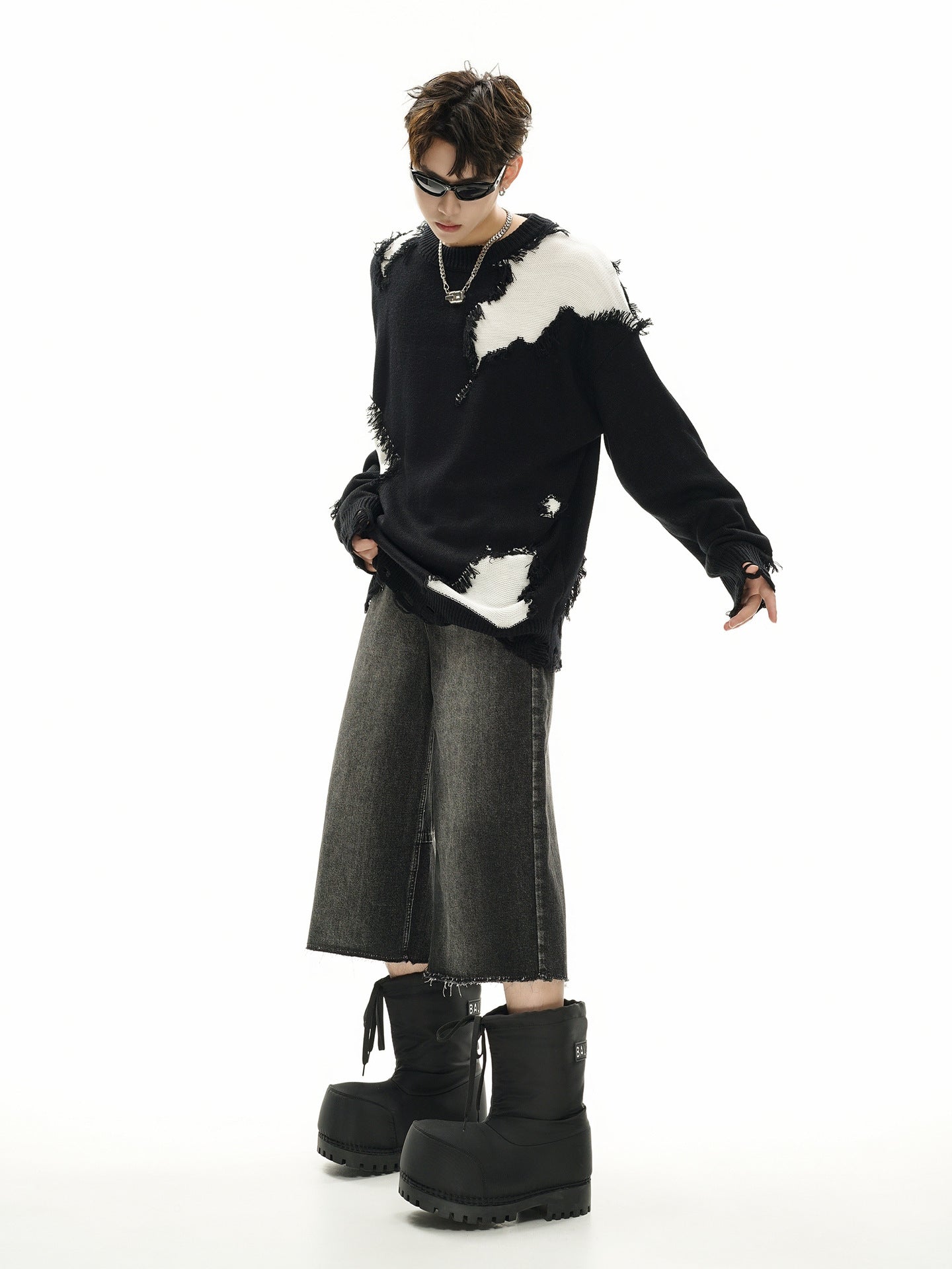 Pull en maille color block effet usé – Pull oversize à franges, style high-street