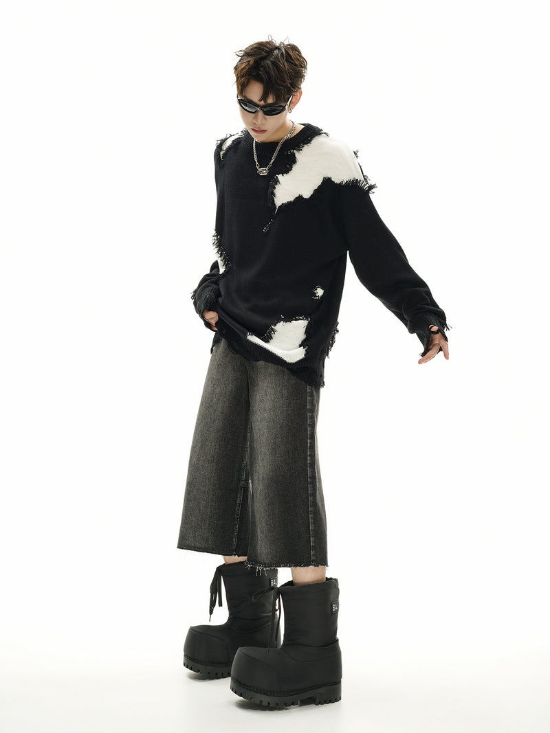 Pull en maille color block effet usé – Pull oversize à franges, style high-street