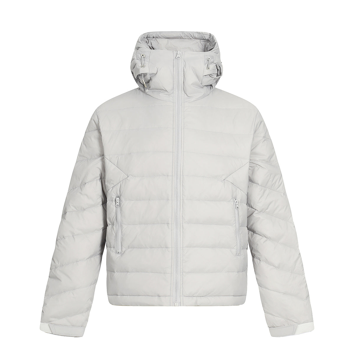 Hooded Puffer Down Jacket – Quilted Winter Coat in Light Gray & Black