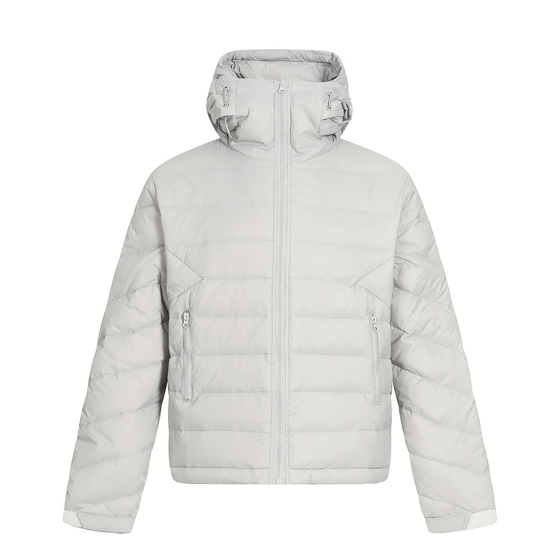 Hooded Puffer Down Jacket – Quilted Winter Coat in Light Gray & Black
