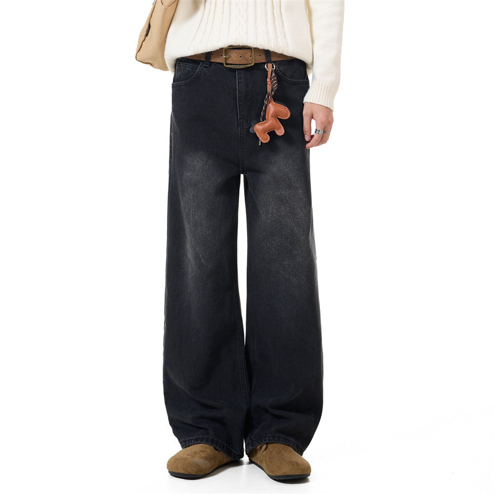 Men's Vintage Washed Wide-Leg Jeans – Relaxed Straight Fit with Horse Charm