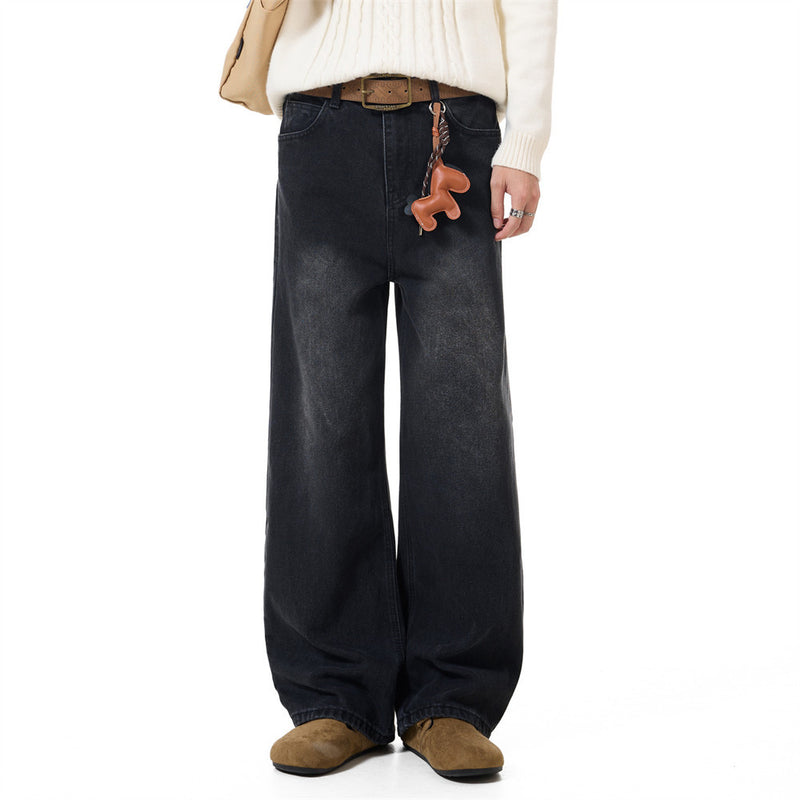 Men's Vintage Washed Wide-Leg Jeans – Relaxed Straight Fit with Horse Charm