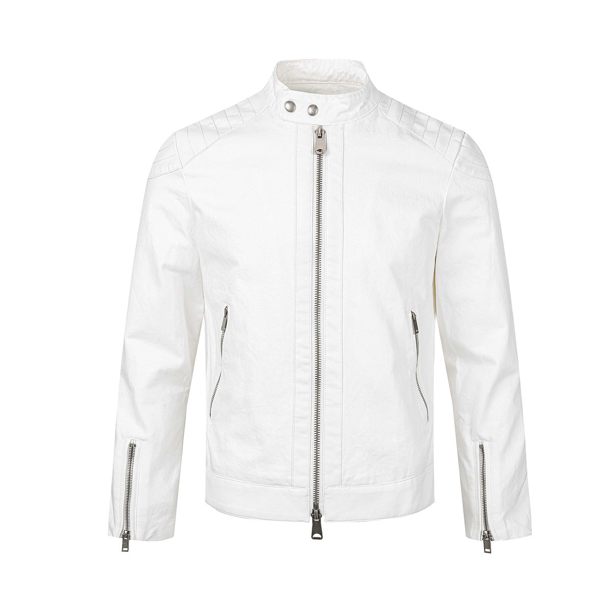 Men's Moto Biker Jacket with Leather Trim, Stand Collar & Zip Detail