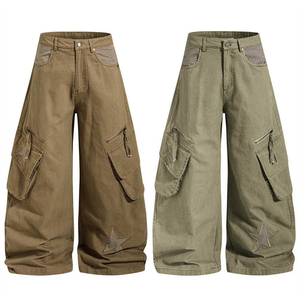 Wide-Leg Cargo Pants – Star Patch, Plaid Detail & Multi-Pocket Baggy Fit
