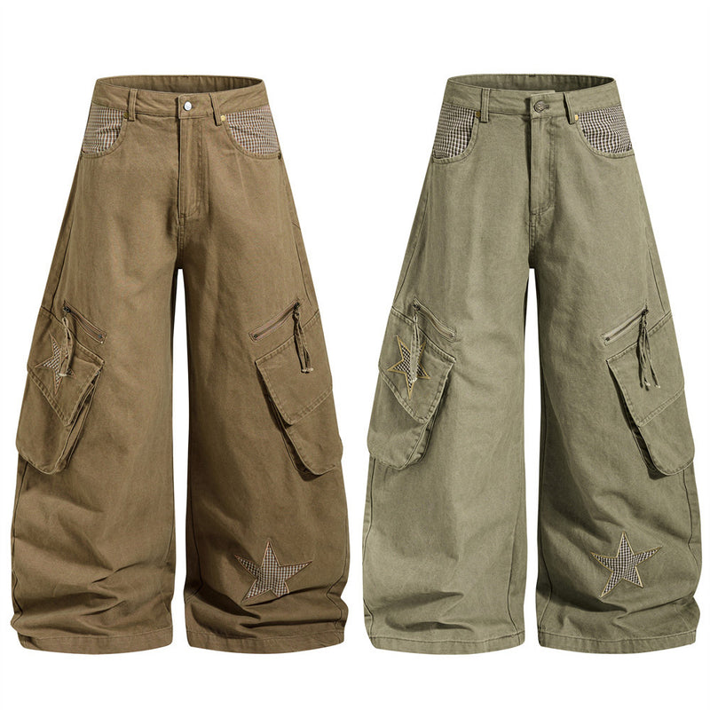 Wide-Leg Cargo Pants – Star Patch, Plaid Detail & Multi-Pocket Baggy Fit