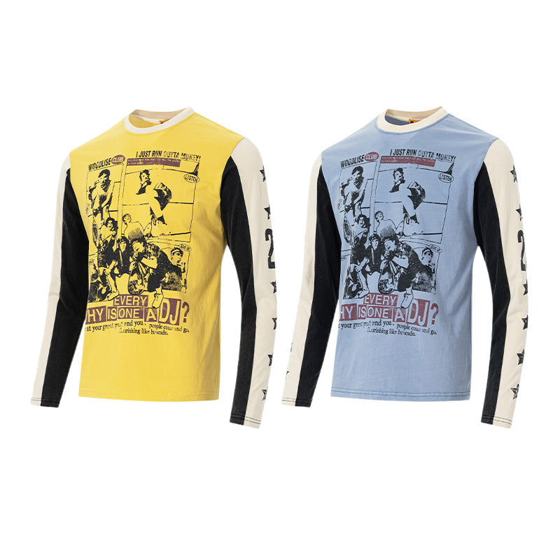 カラーブロック ロングスリーブ グラフィックTシャツ｜ヴィンテージ ストリートウェア コミックプリント