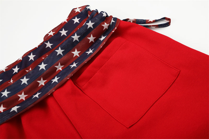 Wide-Leg Star & Stripe Waistband Pants with Side Drawstring Detail