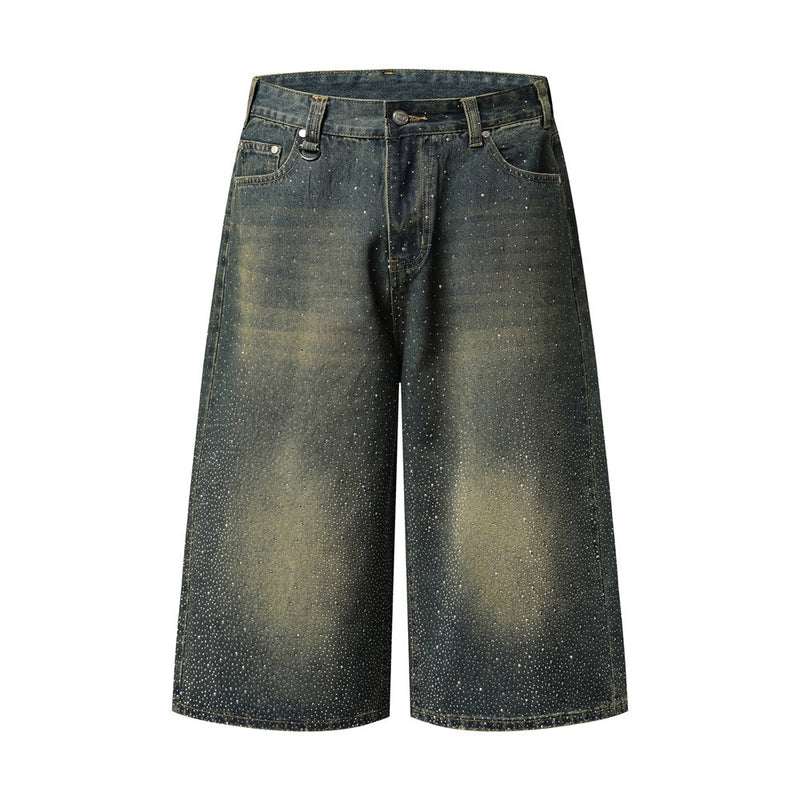 Wide-Leg Rhinestone Denim Shorts – Vintage Washed Straight-Cut Bermuda