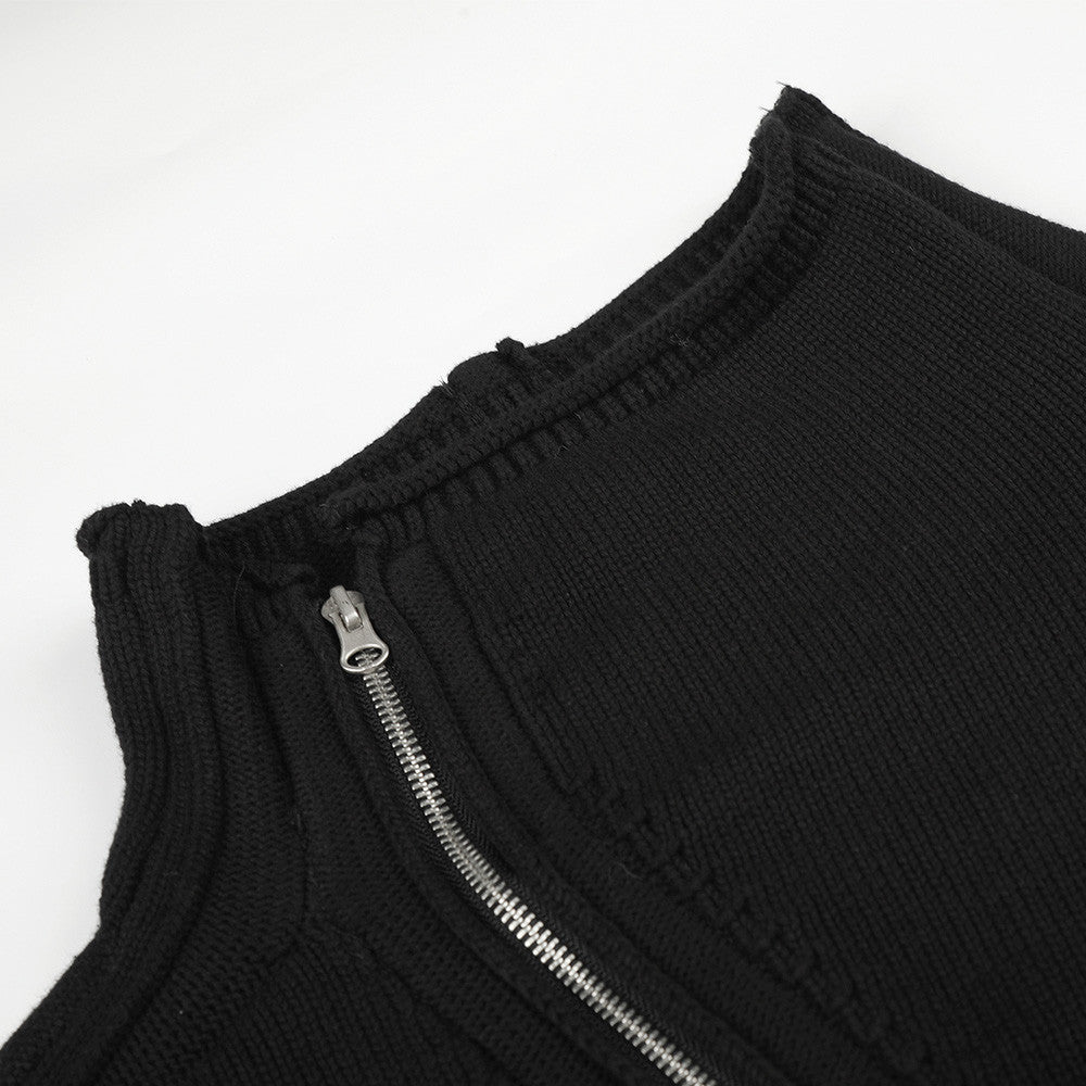 Veste en maille noire pour homme à col montant et zip diagonal asymétrique