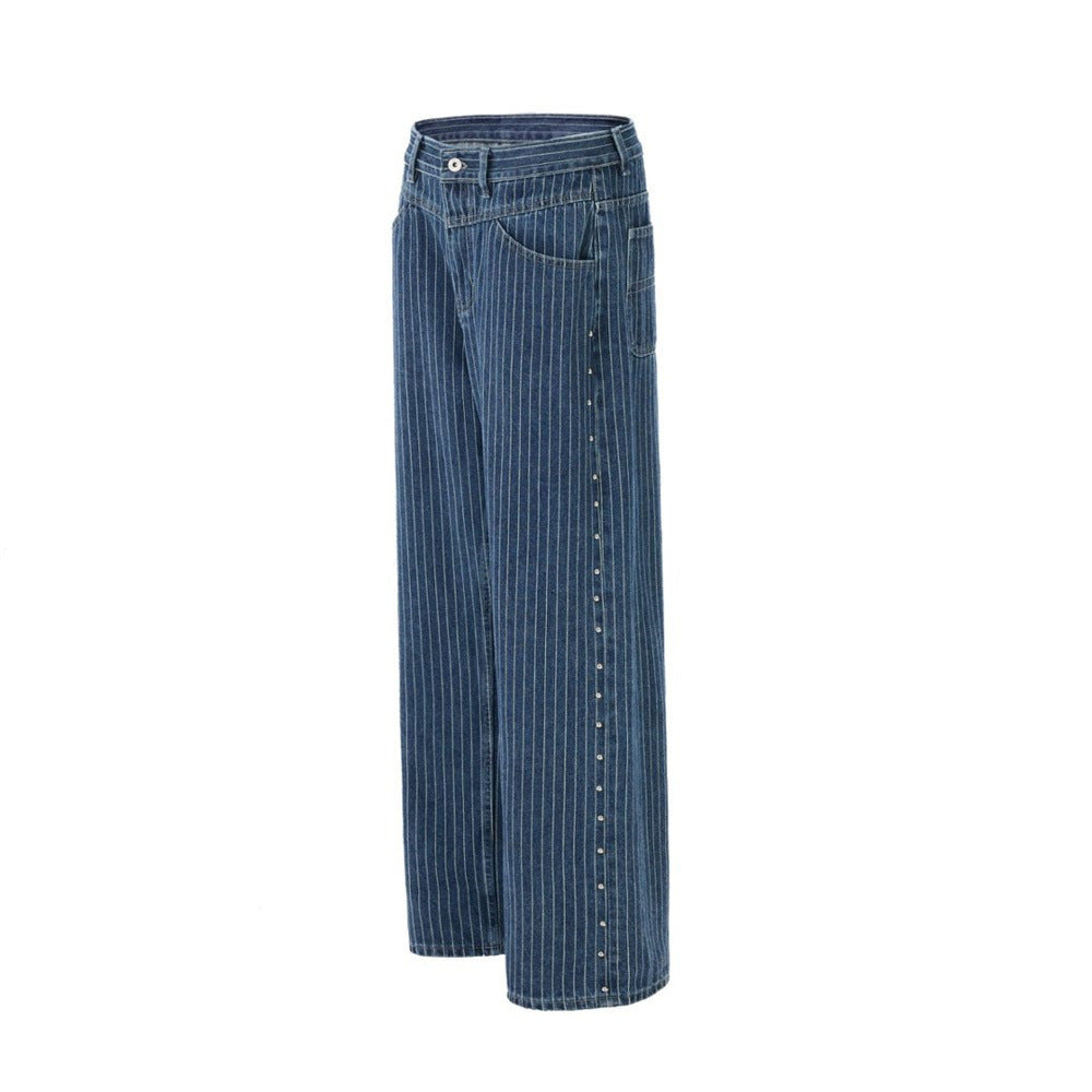 Men's Blue and White Striped Pants Wide-Leg Jeans with Rivet Side Detail