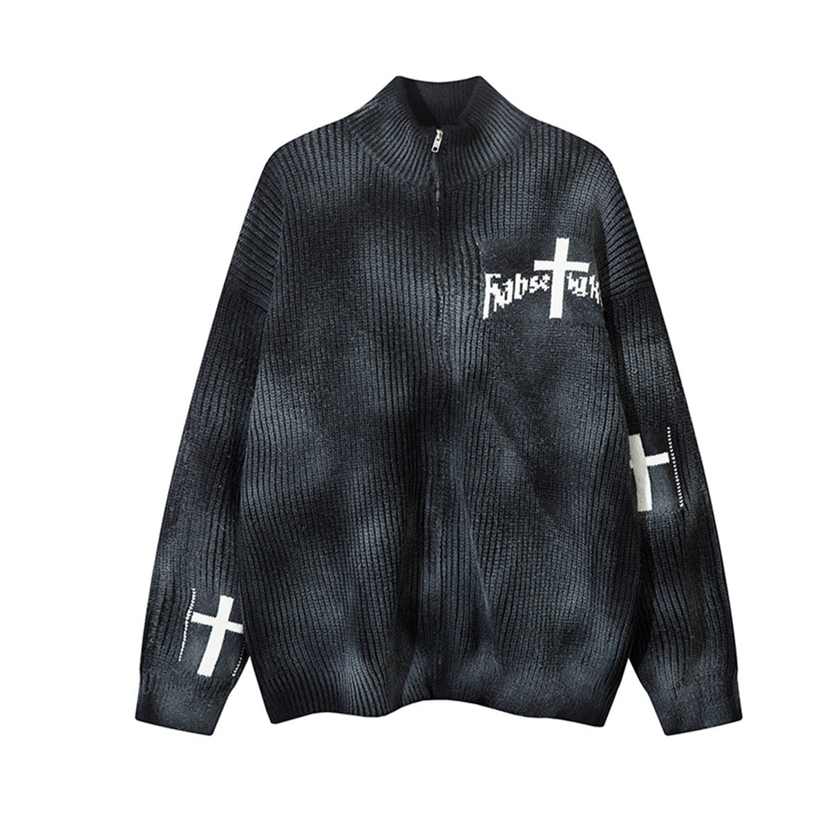 Veste-pull zippée en maille jacquard croix gothique – Col montant médiéval sombre