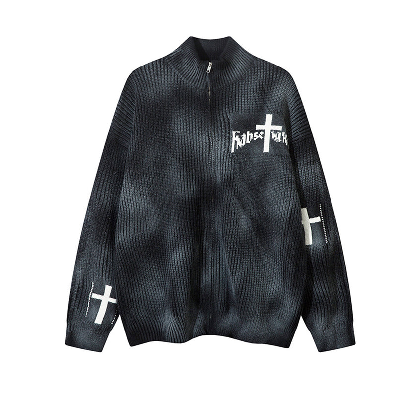 Veste-pull zippée en maille jacquard croix gothique – Col montant médiéval sombre