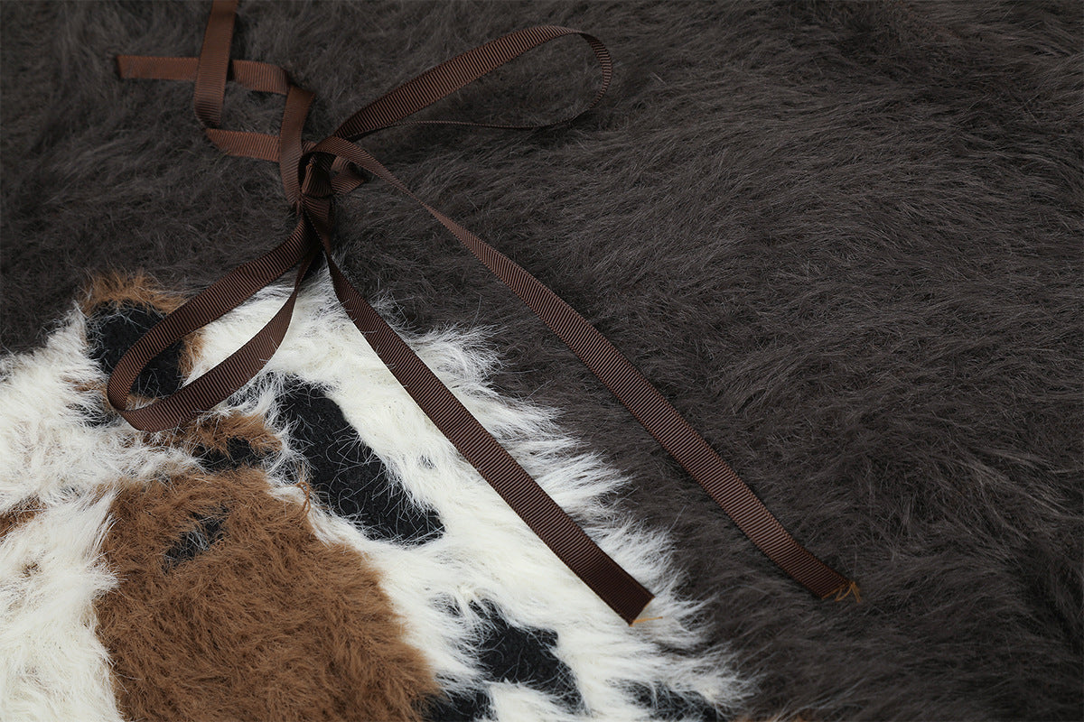 Fuzzy Horse Jacquard Sweater with Ribbon Bow Details – Charcoal Grey