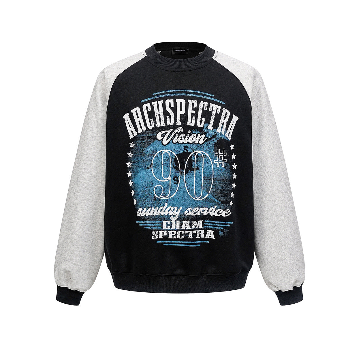 Sweat Archspectra Vision 90 oversize à manches raglan, noir et gris chiné, avec imprimé graphique vintage effet usé sur le devant
