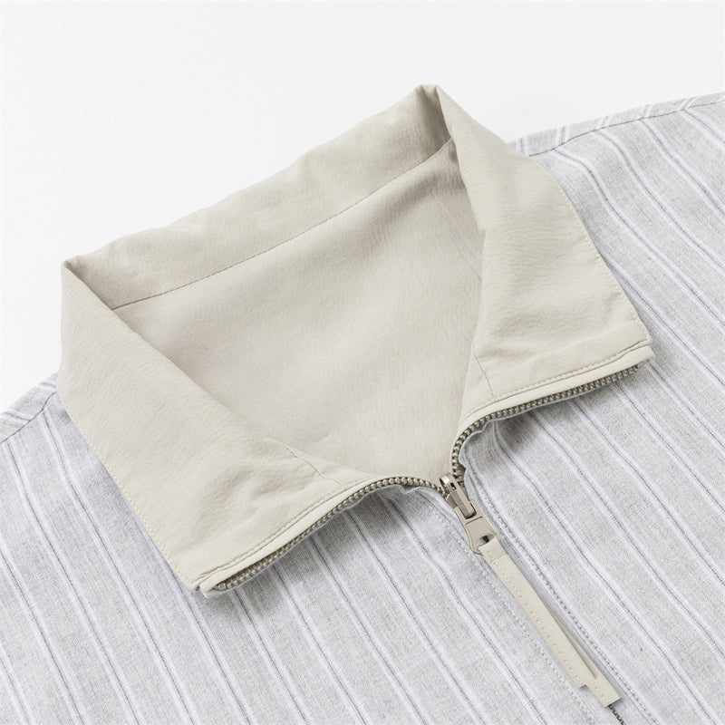 Reversible Stand Collar Zip Jacket – Cream & Pinstripe Oversized Fit