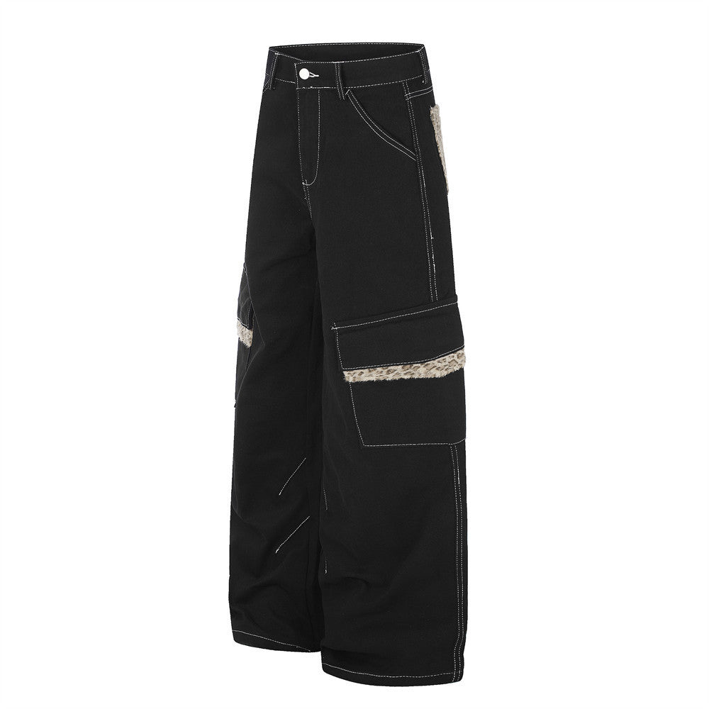 Men's Wide-Leg Cargo Pants with Leopard Fur Trim & Multi-Pocket Design