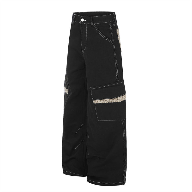 Men's Wide-Leg Cargo Pants with Leopard Fur Trim & Multi-Pocket Design
