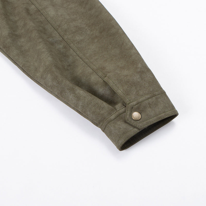 Mens Distressed Leather Jacket Oversized PU Bomber with Stand Collar — Olive