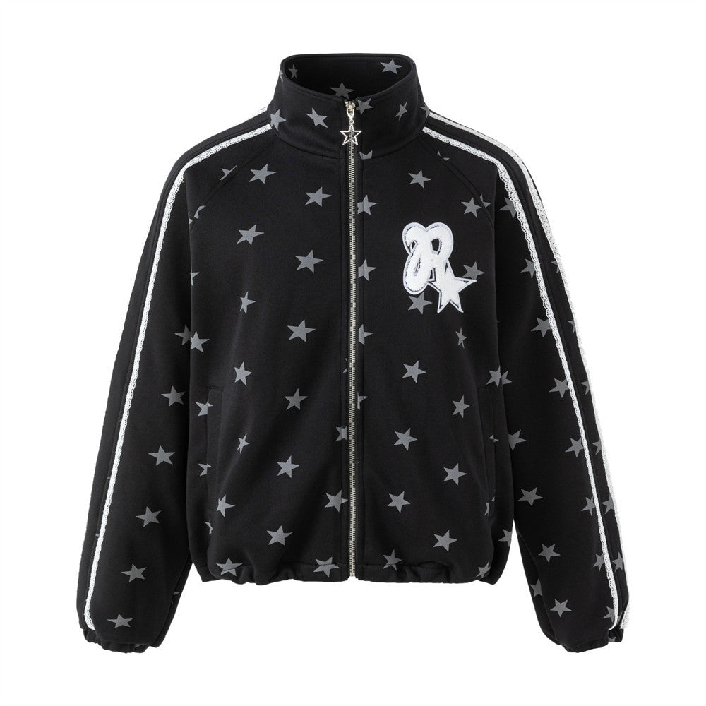 Black zip-up track jacket with allover grey star print, white lace side stripes, and embroidered bow-star chest patch
