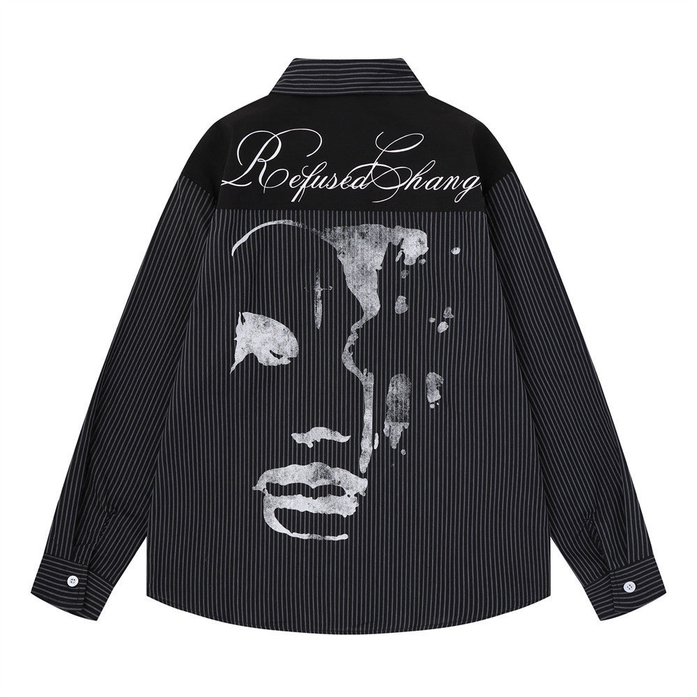 Striped Abstract Face Print Oversized Long Sleeve Shirt