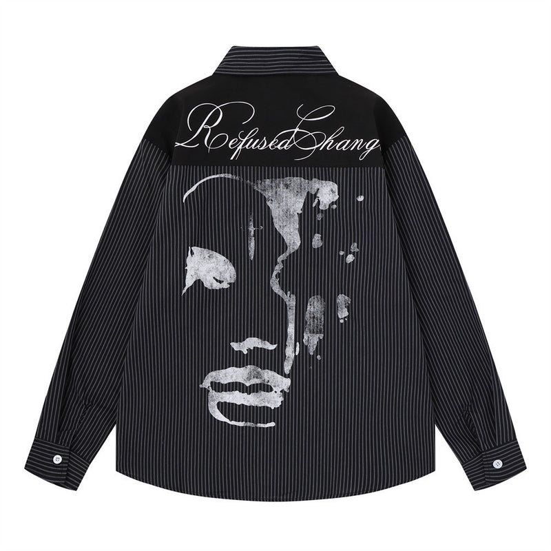 Striped Abstract Face Print Oversized Long Sleeve Shirt
