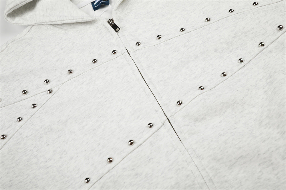 Oversized Zip-Up Hoodie with Studded Seam Detail – Acid Wash & Grey