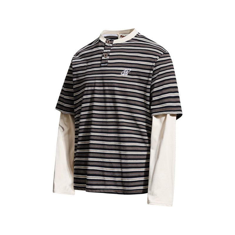 Black striped Henley t-shirt with cream long sleeves, angled front view