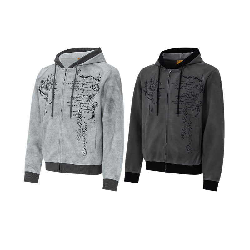 Hoodie mit Gothic-Schriftzug und Reißverschluss – Gewaschener Vintage-Dark-Style