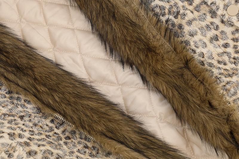 Leopard Print Fur Collar Bomber Jacket with Quilted Lining