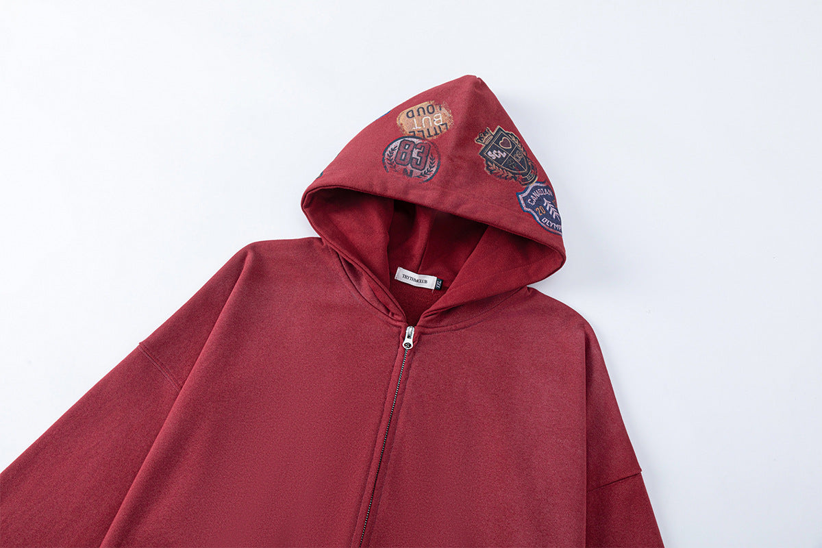 Sweat à capuche zippé carré à écussons brodés – Hoodie streetwear acid-wash