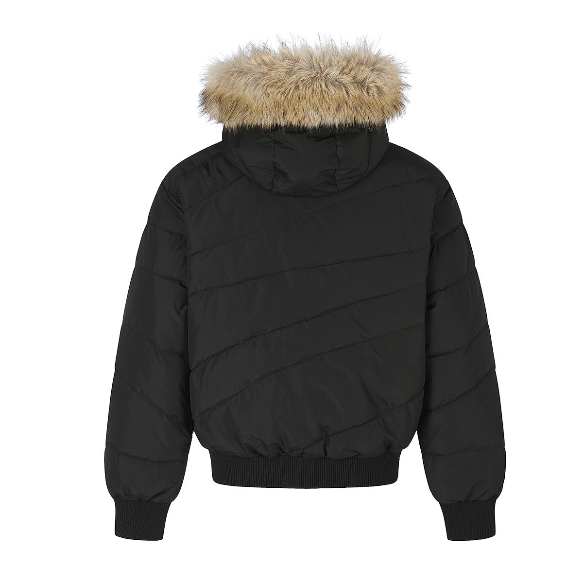 Puffer Bomber Jacket with Faux Fur Hood – Diagonal Quilted Short Winter Coat
