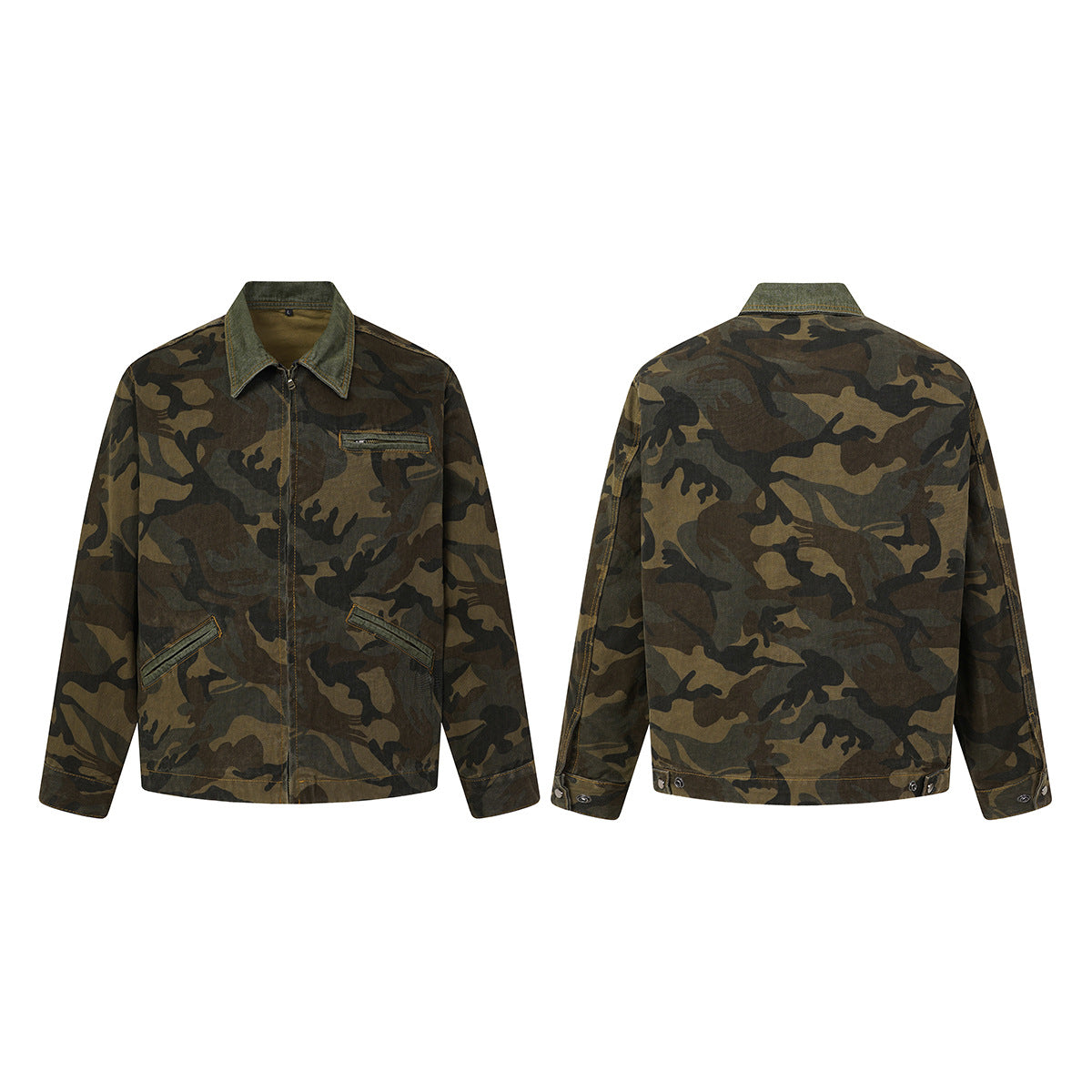 Veste de travail zippée en toile camouflage avec col en velours côtelé