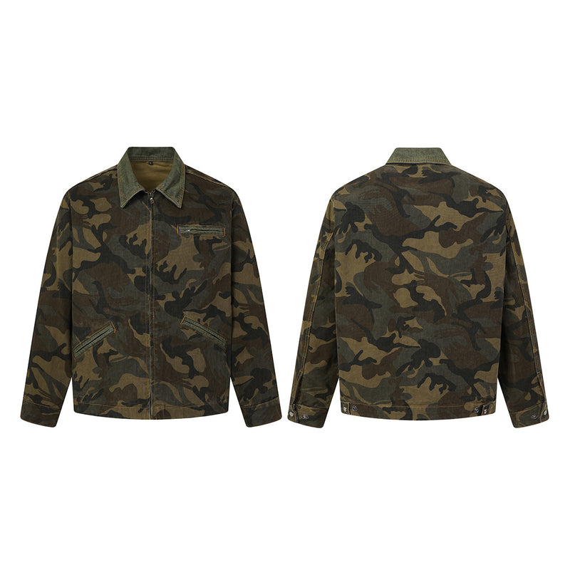 Veste de travail zippée en toile camouflage avec col en velours côtelé