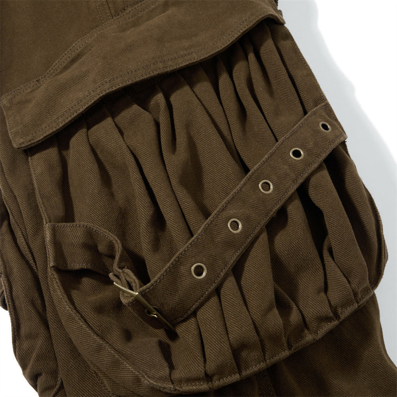 Men's Deconstructed Flare Cargo Pants with Ruched Pockets & Zip Detail