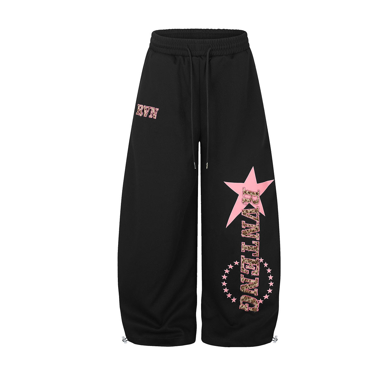 Oversized wide-leg sweatpants in black with pink star and leopard-print varsity letter graphic on the leg