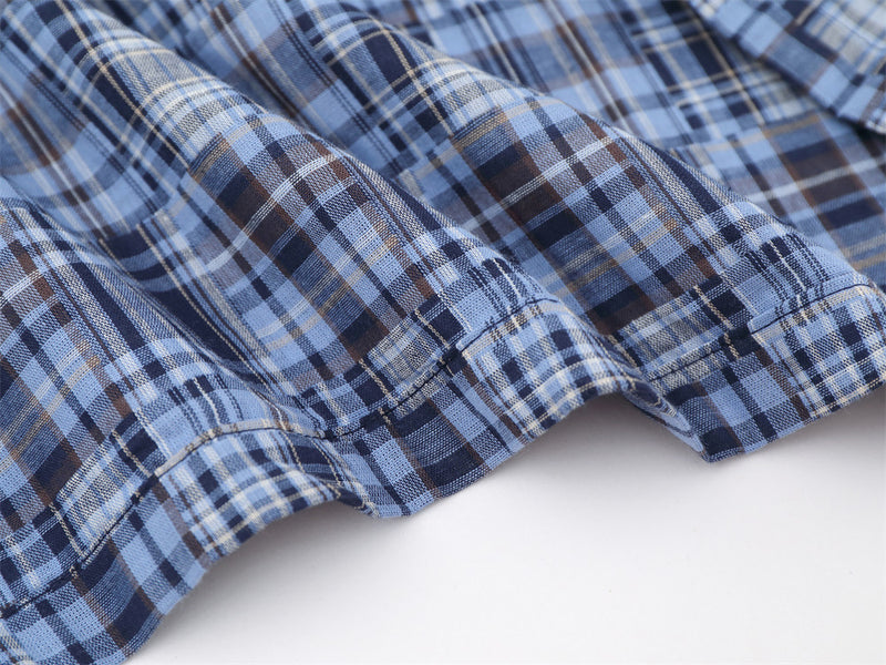 Short Sleeve Shirt Men Patchwork Madras Plaid Oversized Button-Up