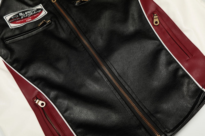 Veste moto de course en similicuir PU – Blouson biker noir à empiècements contrastants
